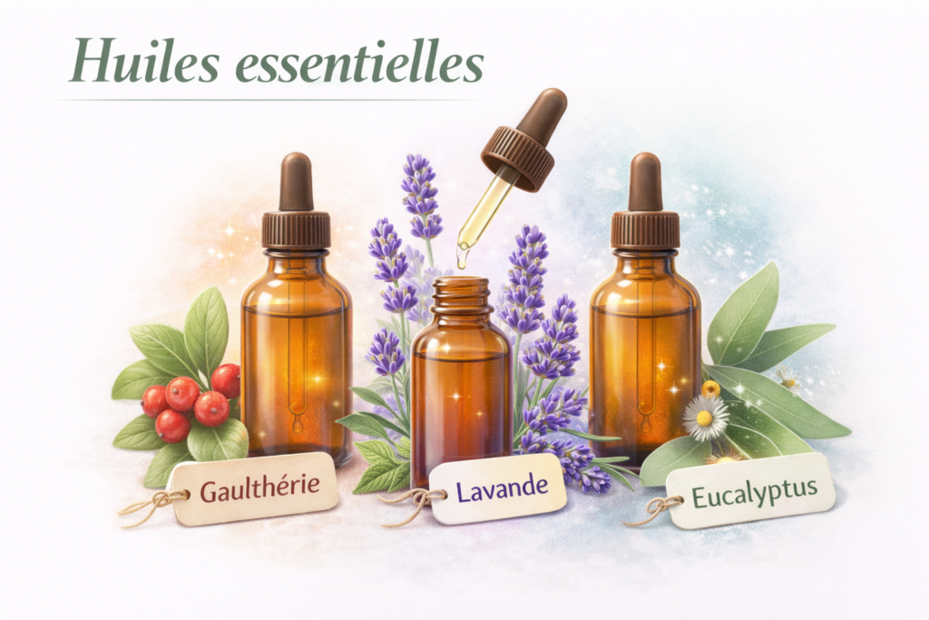 Huiles essentielles de gaulthérie, lavande et eucalyptus présentées en illustration médicale, utilisées en application locale pour apaiser les douleurs musculaires et articulaires, approche naturelle complémentaire, visuel pédagogique LeTraumato.com.