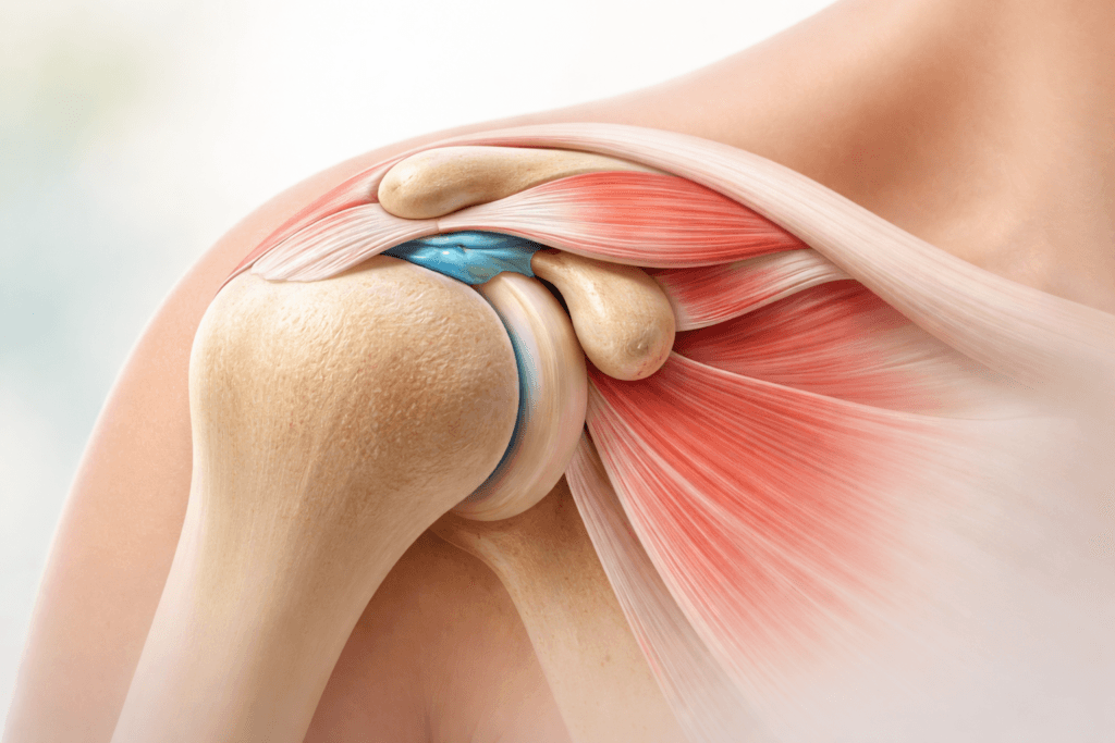 Illustration médicale en macro zoom de l’articulation de l’épaule montrant la coiffe des rotateurs stylisée avec tendons fins et bourse sous-acromiale discrète, dans des couleurs apaisantes et un rendu pédagogique rassurant