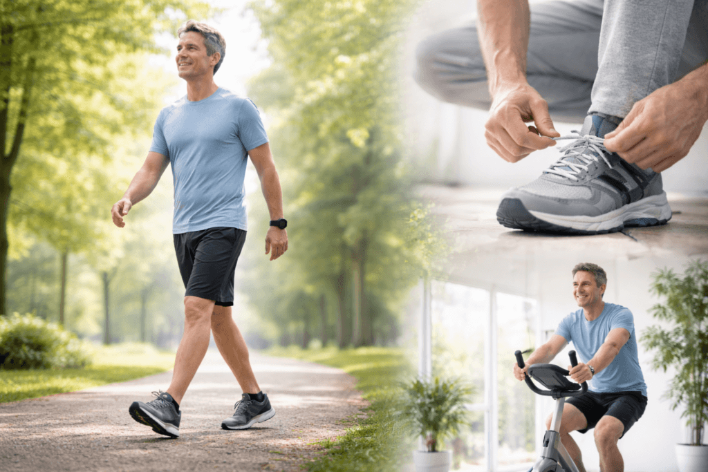 Image symbolique de récupération fonctionnelle montrant un patient adulte marchant de façon stable et confiante en extérieur après une fracture du plateau tibial. En second plan, un détail des mains lacant des chaussures de sport et une scène de vélo d’appartement illustrent la reprise progressive d’une activité physique sécurisée. Visuel médical inspirant et premium, signé LeTraumato.com.