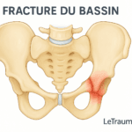Illustration médicale du bassin montrant une fracture pubienne et cotyloïdienne avec mise en évidence en rouge de la zone traumatisée, vue antérieure, destinée à expliquer les fractures du bassin sur LeTraumato.com.