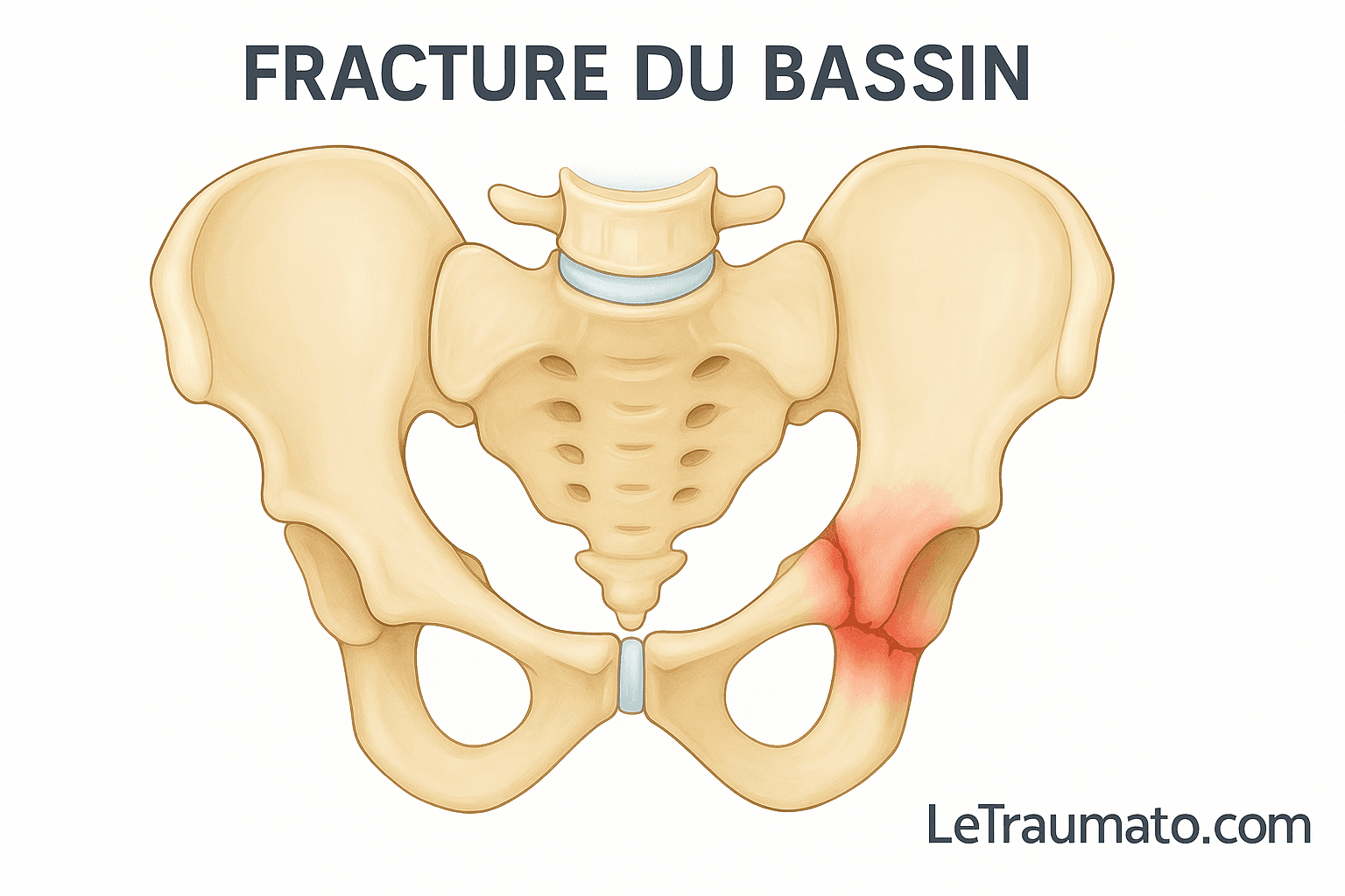 Illustration médicale du bassin montrant une fracture pubienne et cotyloïdienne avec mise en évidence en rouge de la zone traumatisée, vue antérieure, destinée à expliquer les fractures du bassin sur LeTraumato.com.