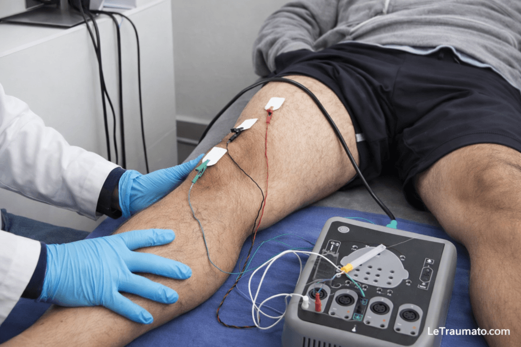 Électromyographie du membre inférieur avec électrodes cutanées lors d’un examen EMG du nerf fémoral, utilisée pour le diagnostic des atteintes nerveuses responsables de cruralgie, exploration neurologique périphérique, LeTraumato.com