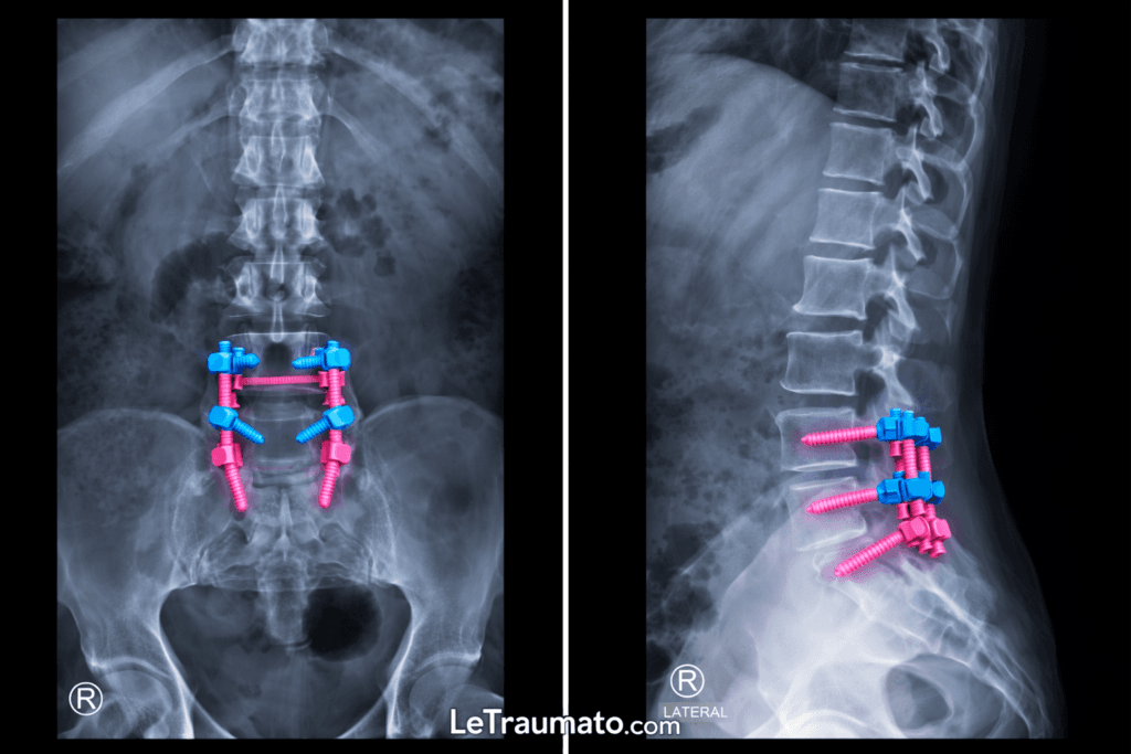 Radiographie du rachis lombaire après arthrodèse avec vis pédiculaires et tiges de fixation colorées, vue de face et de profil, illustrant la stabilisation vertébrale après chirurgie lombaire, image pédagogique médicale LeTraumato.com.
