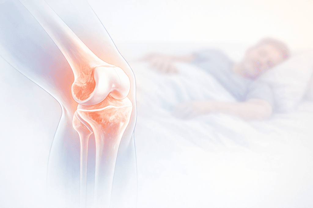 Illustration médicale douce du genou humain montrant l’articulation en semi transparence avec mise en évidence apaisante de la zone articulaire, utilisée pour expliquer les douleurs du genou au repos et la nuit, sans caractère anxiogène.