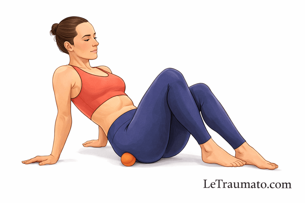 Illustration en couleur montrant un automassage du muscle piriforme à l’aide d’une balle, posture utilisée pour soulager les douleurs fessières, lombaires et sciatiques, avec logo LeTraumato.com