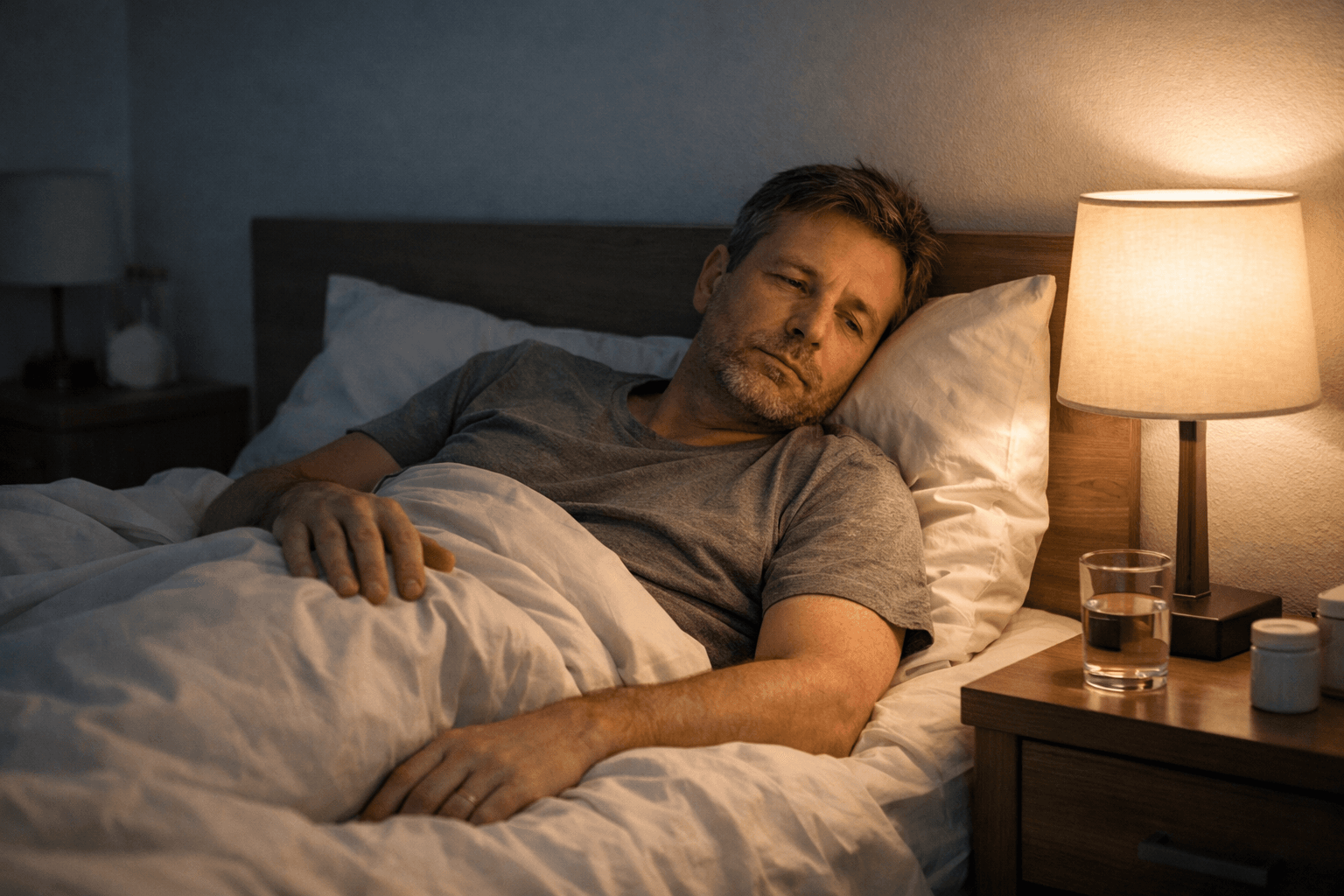 Adulte allongé dans son lit la nuit, main posée sur le genou sous la couverture, illustrant une douleur du genou au repos nocturne dans une ambiance calme et rassurante