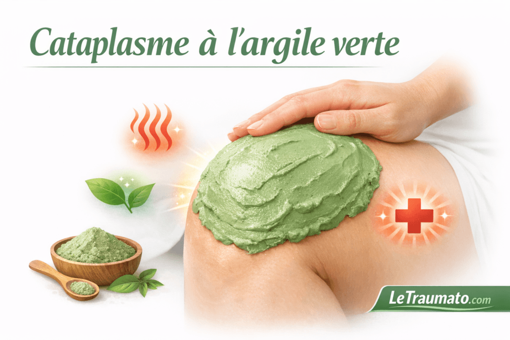 Cataplasme à l’argile verte appliqué sur le genou pour soulager les douleurs articulaires, illustration médicale montrant un soin naturel anti-inflammatoire utilisé en complément dans les douleurs musculo-squelettiques, image pédagogique santé LeTraumato.com.