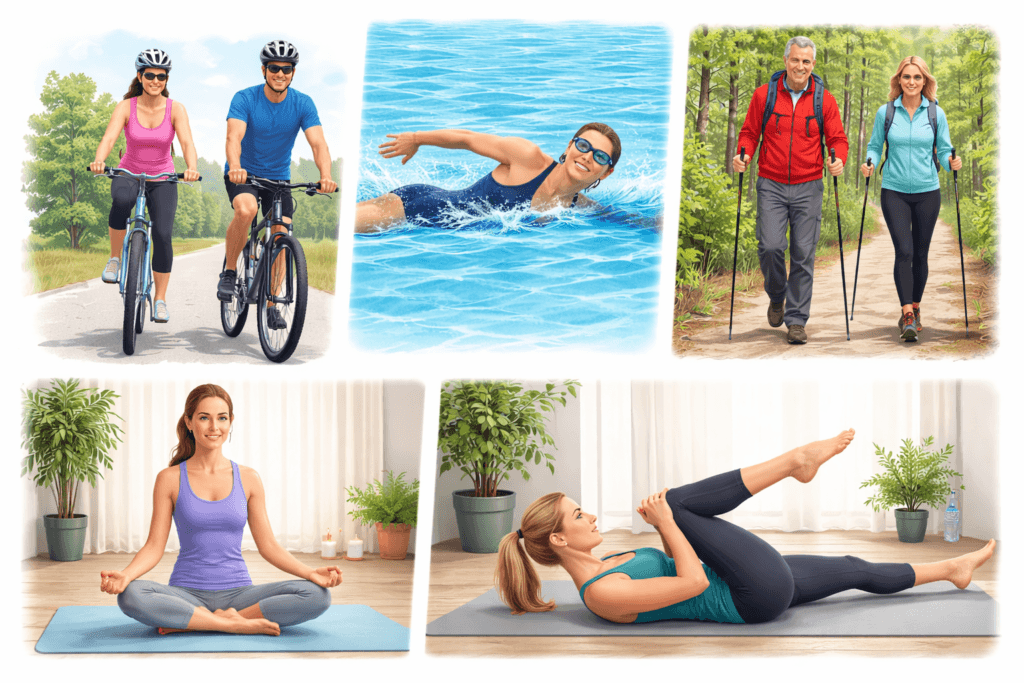 Illustration médicale montrant des activités physiques à faible impact comme le vélo, la natation, la marche nordique, le yoga doux et le Pilates, recommandées pour préserver la mobilité, la stabilité et la durée de vie d’une prothèse du genou