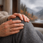 Mains d’une personne de 50 à 60 ans frottant doucement un genou douloureux à travers un pantalon chaud, assise dans un intérieur confortable avec un paysage froid et pluvieux visible par la fenêtre, illustrant l’aggravation des douleurs articulaires par le froid