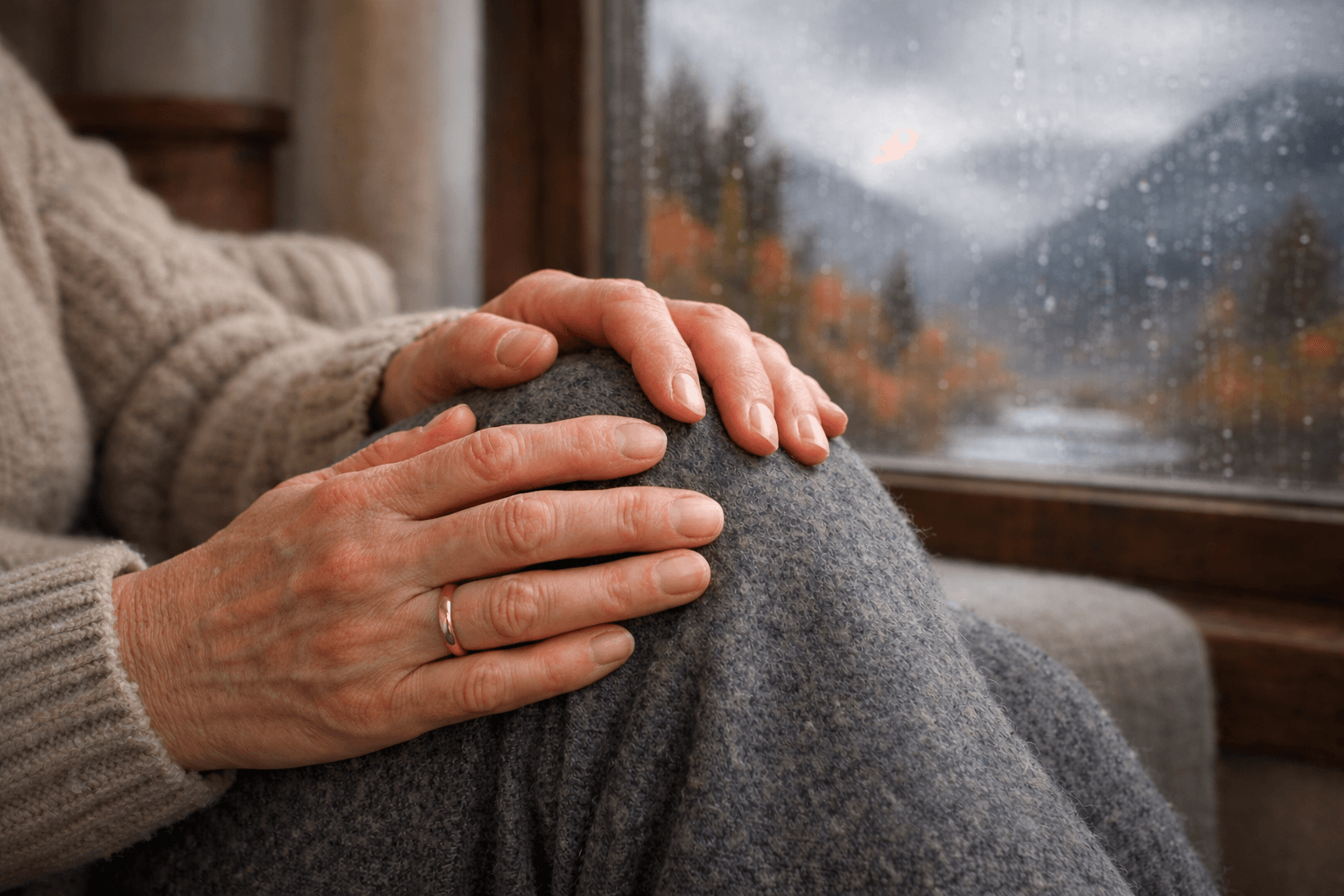 Mains d’une personne de 50 à 60 ans frottant doucement un genou douloureux à travers un pantalon chaud, assise dans un intérieur confortable avec un paysage froid et pluvieux visible par la fenêtre, illustrant l’aggravation des douleurs articulaires par le froid