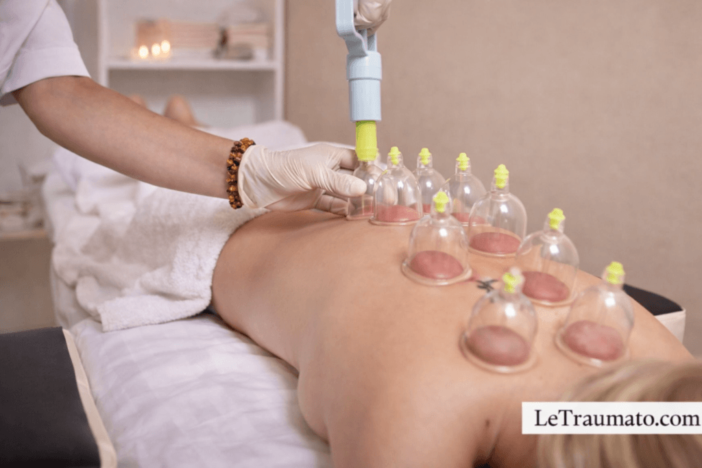 Séance de hijama en cabinet médical avec ventouses et pompe manuelle appliquées sur le dos, médecine complémentaire, LeTraumato.com