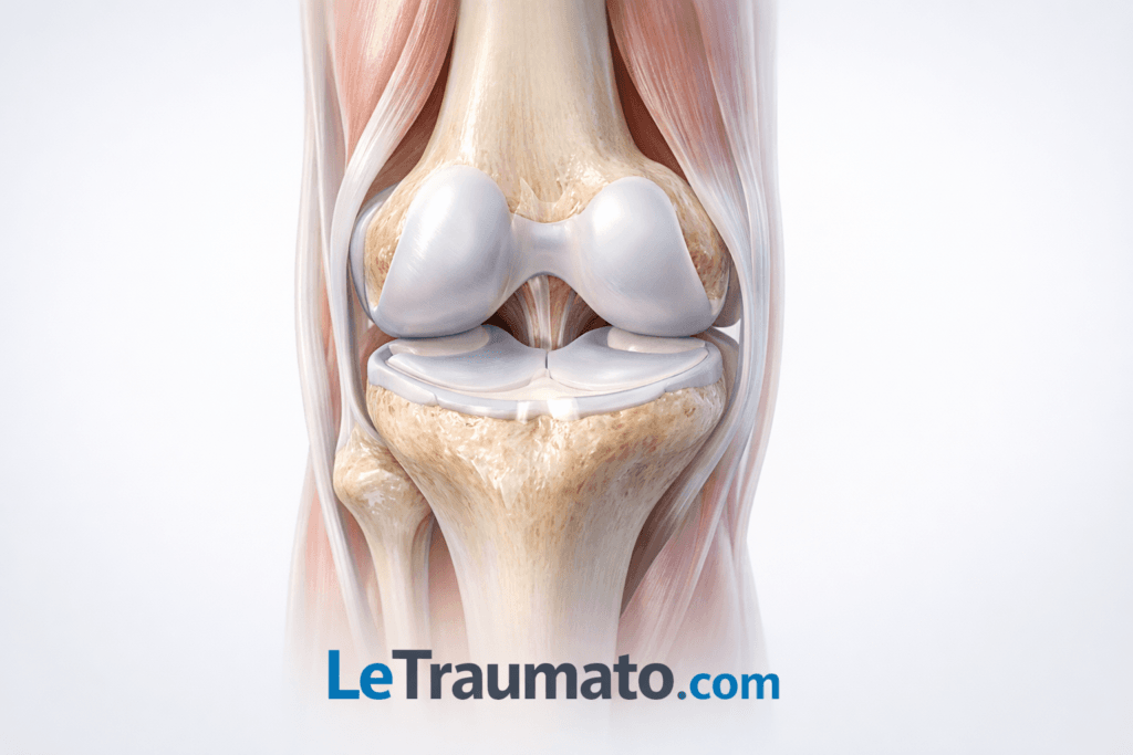 Illustration médicale 3D du genou humain présentant une vue anatomique réaliste du plateau tibial, des surfaces articulaires et des tissus mous semi-transparents. Cette image pédagogique met en valeur la structure interne du genou, les condyles fémoraux, les ménisques et les ligaments croisés dans un style médical professionnel et épuré, signée LeTraumato.com