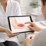 Professionnel de santé montrant sur une tablette une illustration simple d’un tendon du coude à un patient assis, scène de consultation calme et rassurante favorisant la compréhension de la douleur et l’aide à la décision thérapeutique