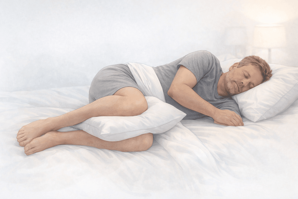 Illustration réaliste d’une personne dormant sur le côté avec un oreiller entre les genoux, posture de sommeil confortable recommandée pour réduire les douleurs du genou et améliorer le confort nocturne.