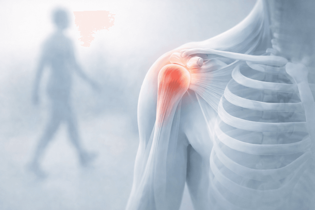 Illustration médicale 3D montrant l’anatomie semi-transparente de l’épaule avec mise en évidence douce du tendon, zone sensible suggérée sans agressivité, silhouette humaine floue en arrière-plan évoquant le mouvement et la récupération
