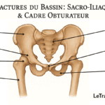 Illustration anatomique du bassin humain vue de face, montrant les os iliaques, le sacrum, la symphyse pubienne, le cotyle, le fémur et le cadre obturateur, avec flèches de repérage et titres explicatifs, destinée à l’éducation sur les fractures du bassin.