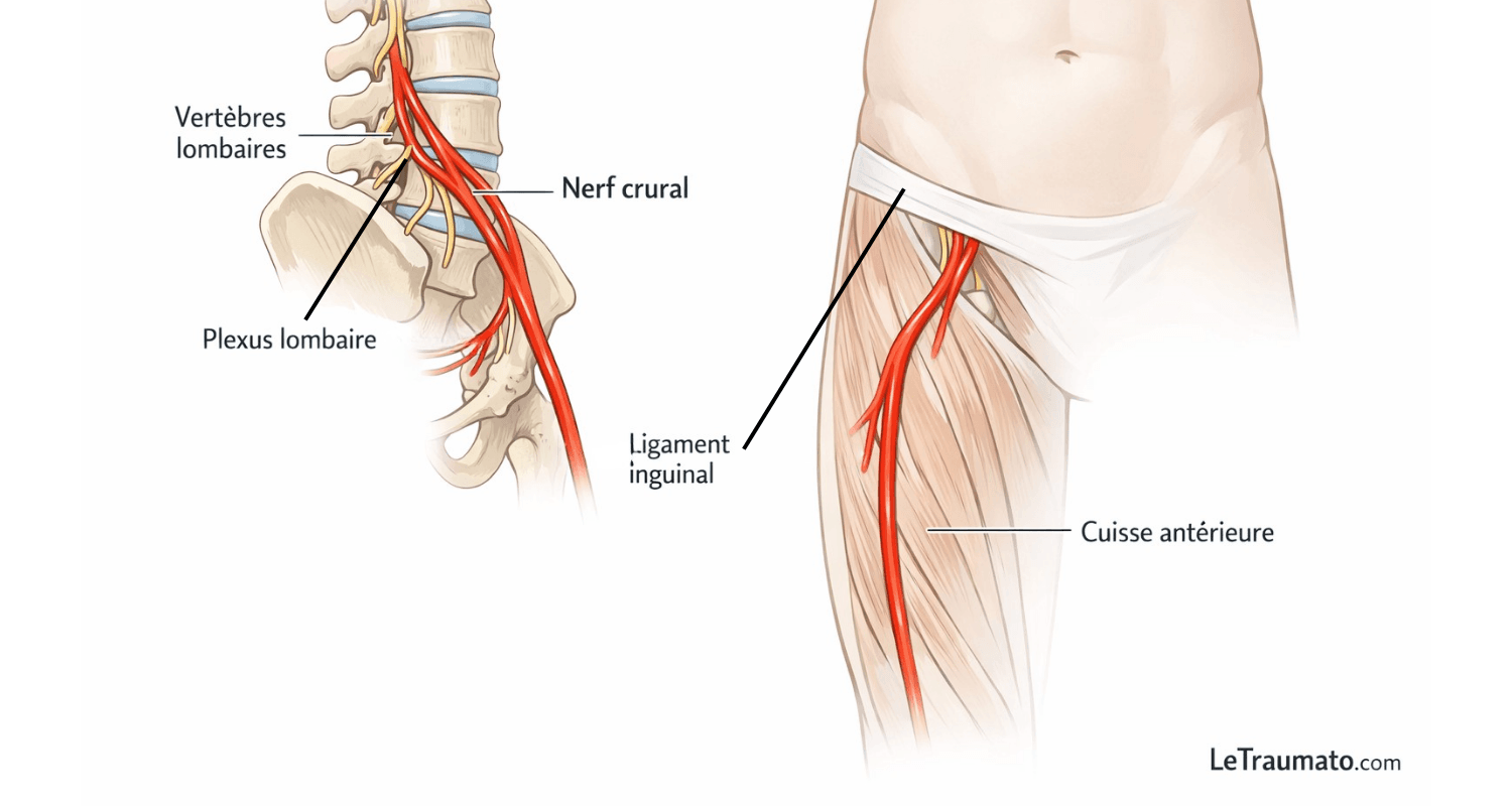 Illustration médicale anatomique du nerf crural en rouge montrant son origine lombaire, son passage sous le ligament inguinal et son trajet dans la cuisse antérieure, schéma pédagogique clair destiné à expliquer la cruralgie