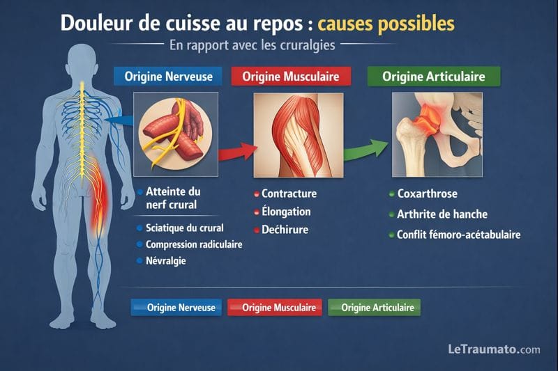 Schéma différentiel des causes de douleur de la cuisse au repos, illustrant l’origine nerveuse liée au nerf crural, l’origine musculaire et l’origine articulaire de la hanche, avec codes couleur distincts.