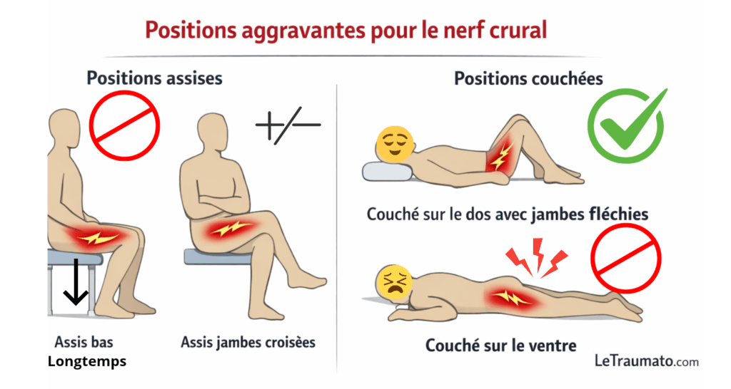 Illustration médicale montrant les positions aggravantes et apaisantes du nerf crural en cas de cruralgie, avec assise basse prolongée, jambes croisées, position couchée sur le ventre à éviter, et position couchée sur le dos jambes fléchies recommandée