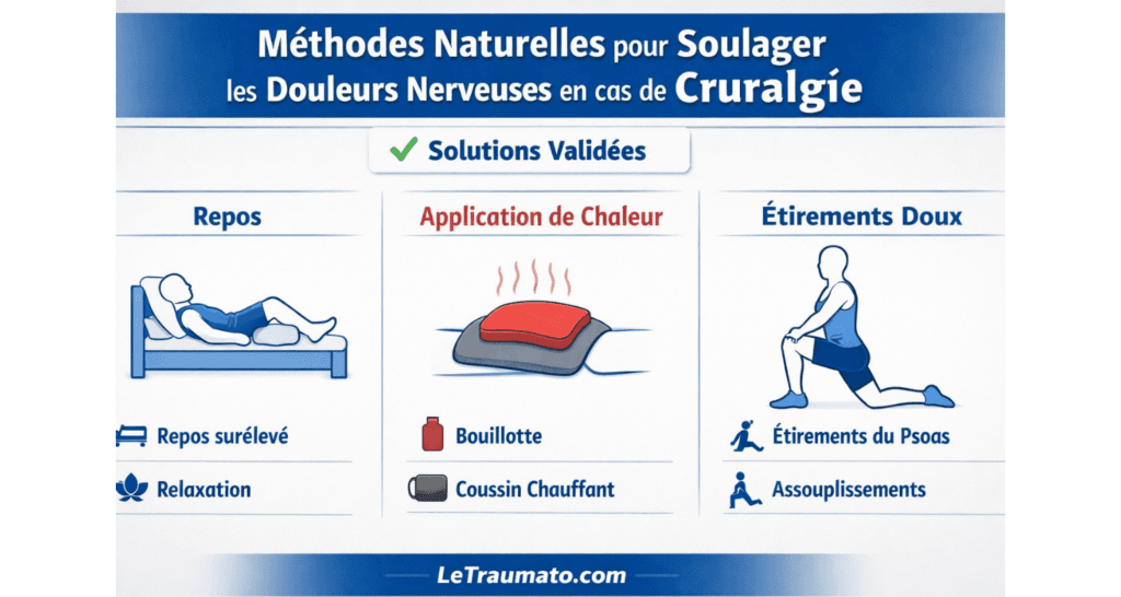Infographie médicale présentant des méthodes naturelles validées pour soulager les douleurs nerveuses liées à la cruralgie, incluant le repos, l’application de chaleur et des étirements doux, avec icônes pédagogiques et style professionnel, sans visage, LeTraumato.com