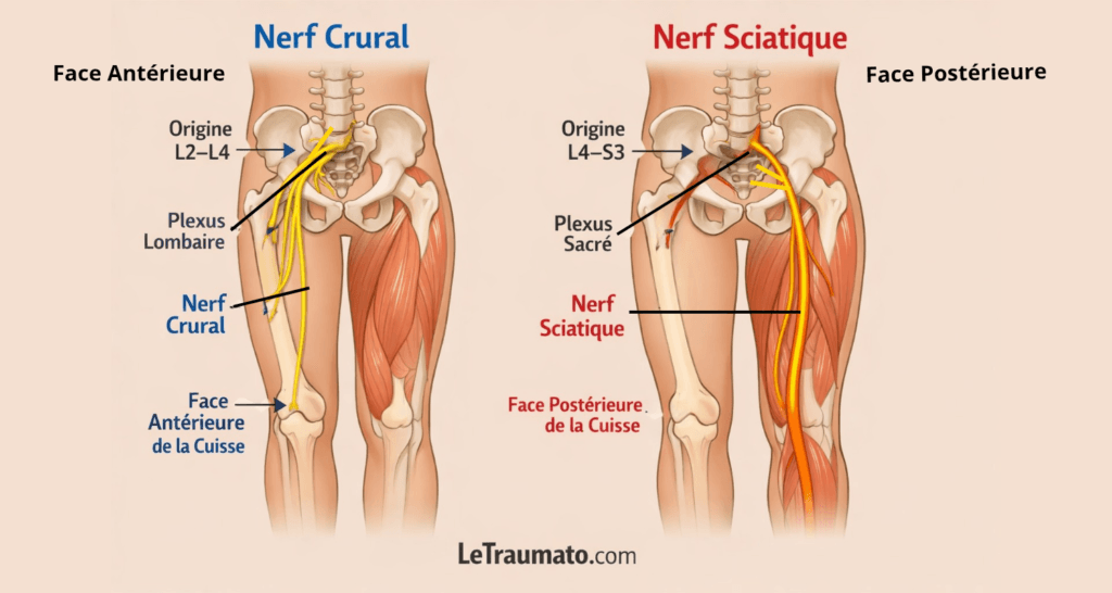 Schéma anatomique comparatif du nerf crural et du nerf sciatique montrant leurs origines rachidiennes, leurs plexus respectifs et leurs trajets distincts dans la cuisse antérieure et postérieure, avec code couleur clair et illustration médicale simplifiée sans visage.