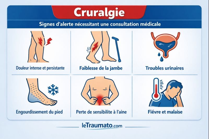 Infographie médicale montrant les signes d’alerte d’une cruralgie nécessitant une consultation médicale, incluant douleur intense persistante de la cuisse, faiblesse de la jambe, troubles urinaires, engourdissement du pied, perte de sensibilité à l’aine et fièvre associée, illustration pédagogique sans visage, LeTraumato.com