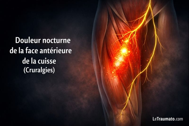 Illustration médicale montrant une douleur nocturne de la face antérieure de la cuisse avec zones lumineuses musculaires et trajet du nerf crural, évocatrice d’une cruralgie