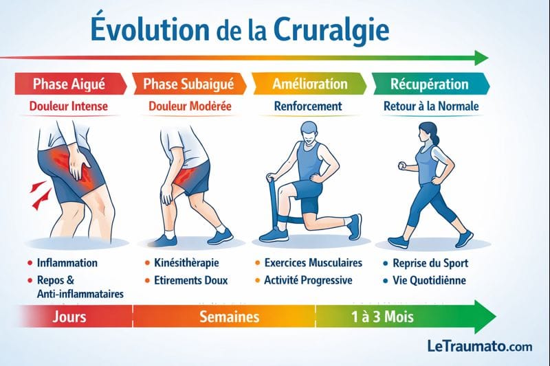 Infographie médicale illustrant l’évolution temporelle d’une cruralgie, depuis la phase aiguë avec douleur intense de la cuisse antérieure jusqu’à la récupération fonctionnelle complète, présentée sous forme de ligne du temps claire et pédagogique, sans visage, avec identification visuelle LeTraumato.com.