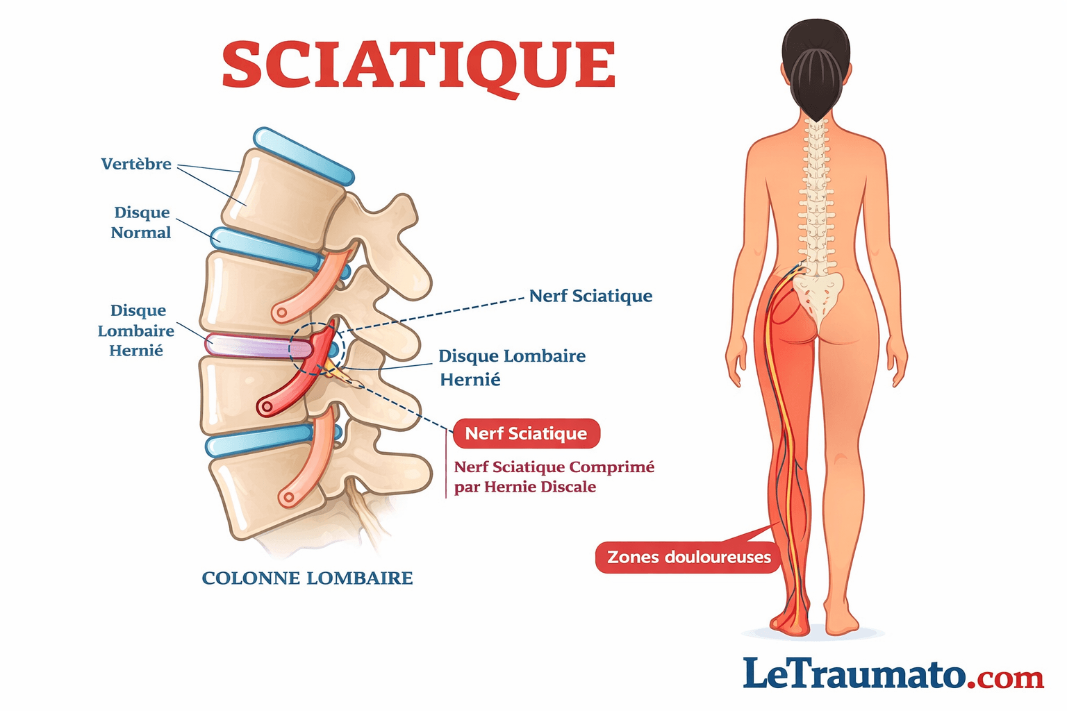 Illustration médicale montrant une sciatique avec compression du nerf sciatique par une hernie discale lombaire, trajet du nerf sciatique et zones douloureuses dans la fesse et la jambe, schéma pédagogique LeTraumato.com