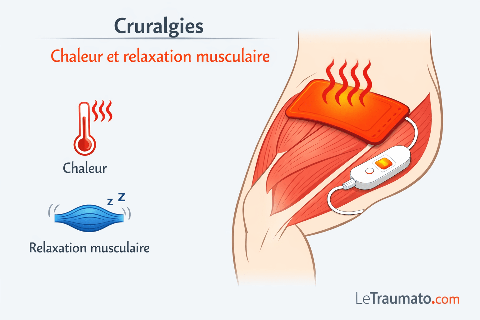 Illustration médicale montrant l’application de chaleur sur la cuisse avec relaxation musculaire, méthode utilisée pour soulager la douleur liée à la cruralgie et diminuer la tension du nerf crural