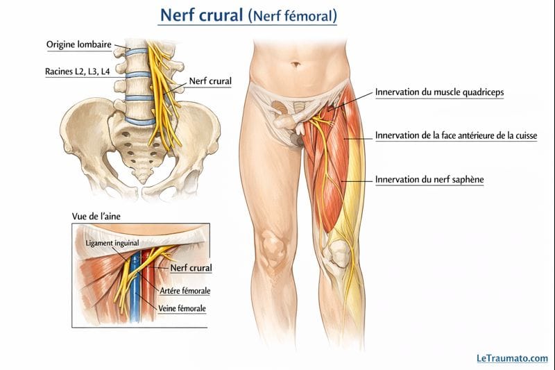 Illustration anatomique détaillée du nerf crural montrant son origine lombaire à partir des racines L2, L3 et L4, son trajet pelvien sous le ligament inguinal et son innervation de la face antérieure de la cuisse, incluant le muscle quadriceps et le nerf saphène. Schéma pédagogique médical sur fond blanc, sans visage, destiné à la compréhension de la cruralgie. LeTraumato.com