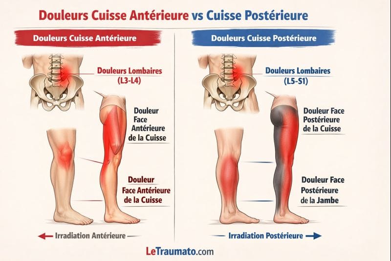 Schéma médical comparatif montrant les différences entre le nerf crural et le nerf sciatique, avec répartition des douleurs de la cuisse antérieure, de la cuisse postérieure, de la région lombaire et de la jambe, illustrant les trajets nerveux et les zones d’irradiation typiques