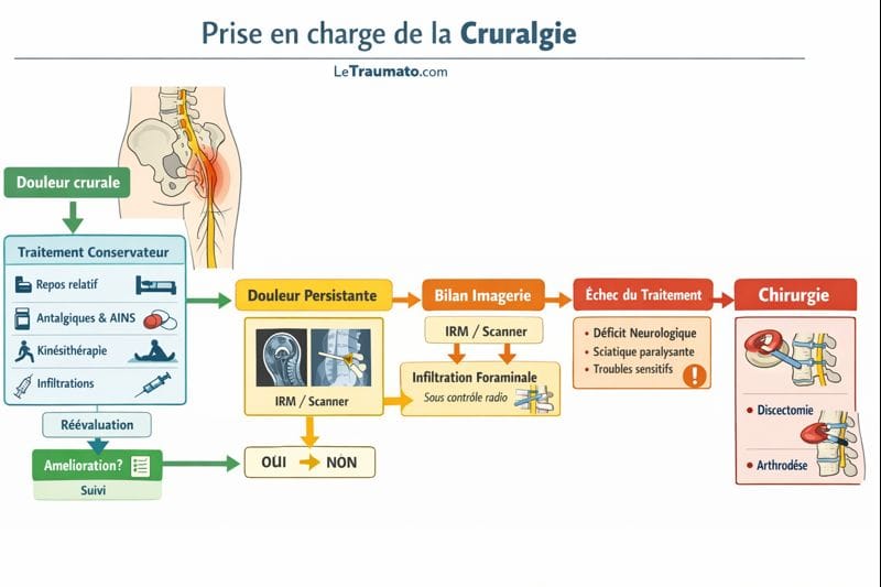 Schéma décisionnel médical illustrant la prise en charge progressive de la cruralgie, depuis le traitement conservateur avec repos, médicaments et kinésithérapie, jusqu’aux indications d’imagerie, d’infiltration et de chirurgie en cas d’échec, illustration pédagogique sans personnage, LeTraumato.com