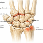 Illustration médicale de l’arthrose généralisée du poignet montrant les os du carpe, le radius et l’ulna avec dégradation du cartilage articulaire, pincement de l’interligne, ostéophytes et zones inflammatoires, destinée à l’éducation des patients en orthopédie et rhumatologie.