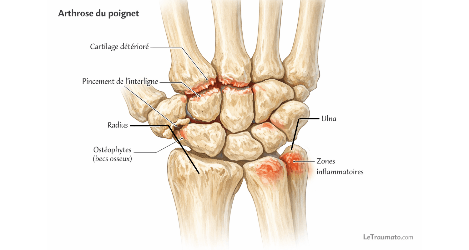 Illustration médicale de l’arthrose généralisée du poignet montrant les os du carpe, le radius et l’ulna avec dégradation du cartilage articulaire, pincement de l’interligne, ostéophytes et zones inflammatoires, destinée à l’éducation des patients en orthopédie et rhumatologie.