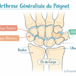 Illustration médicale pédagogique de l’arthrose généralisée du poignet montrant les os du carpe, le radius et l’ulna avec cartilage aminci, interlignes articulaires rétrécis et petits ostéophytes, dessin vectoriel simplifié aux couleurs pastel sur fond blanc, destiné à l’éducation des patients en orthopédie et rhumatologie, avec mention LeTraumato.com intégrée discrètement