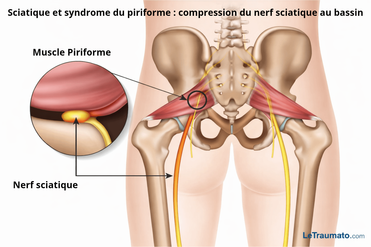Illustration médicale montrant la compression du nerf sciatique par le muscle piriforme au niveau du bassin, avec visualisation du sacrum, des hanches et du trajet du nerf sciatique, expliquant l’origine des douleurs sciatiques liées au syndrome du piriforme. Image pédagogique destinée à l’information médicale des patients. LeTraumato.com