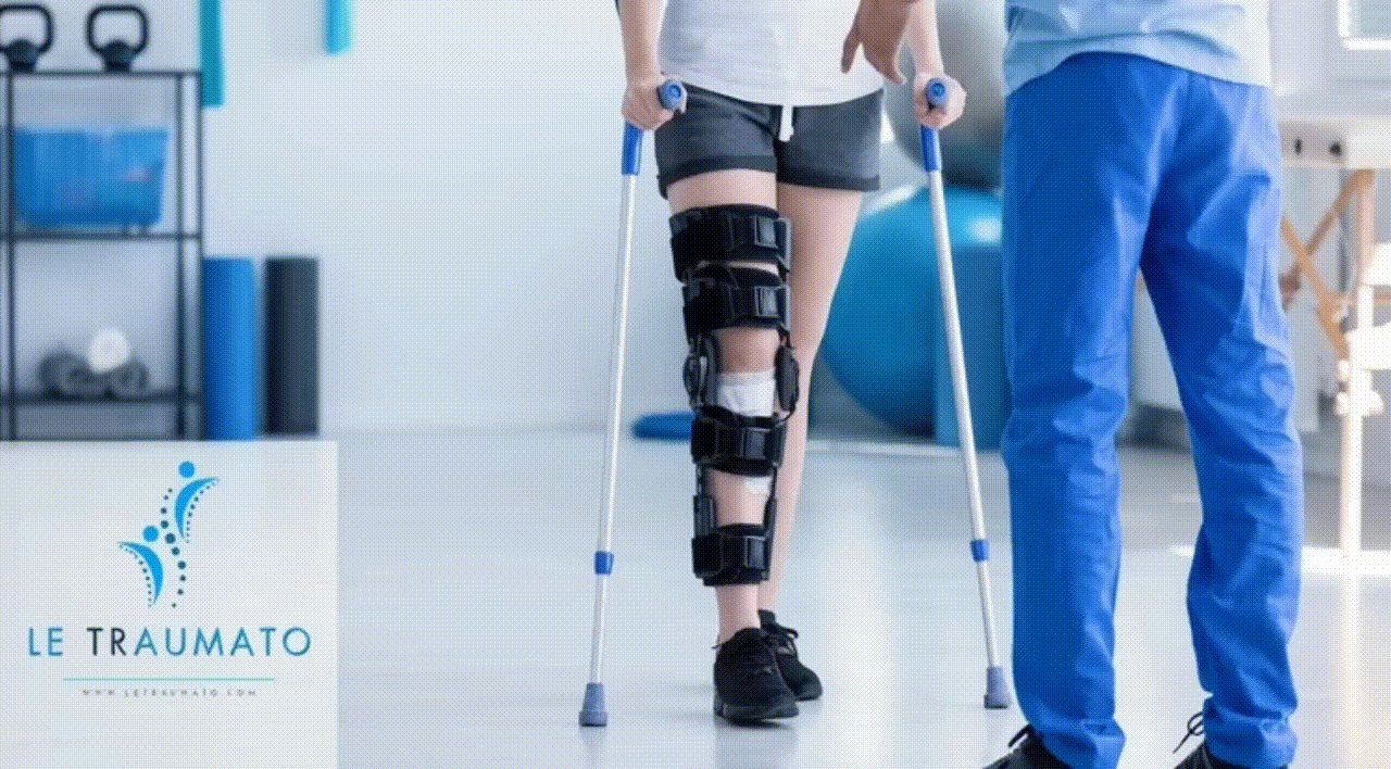 Rééducation du genou après chirurgie avec attelle et béquilles dans un centre de physiothérapie