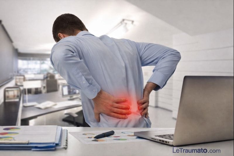 Homme en milieu professionnel souffrant de lombalgie au travail, douleur lombaire liée à une posture prolongée au bureau – LeTraumato.com
