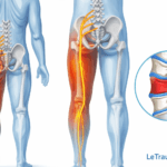 Illustration médicale de la sciatique montrant le trajet du nerf sciatique depuis la colonne lombaire jusqu’à la jambe, avec zones douloureuses en rouge et compression nerveuse par hernie discale lombaire.