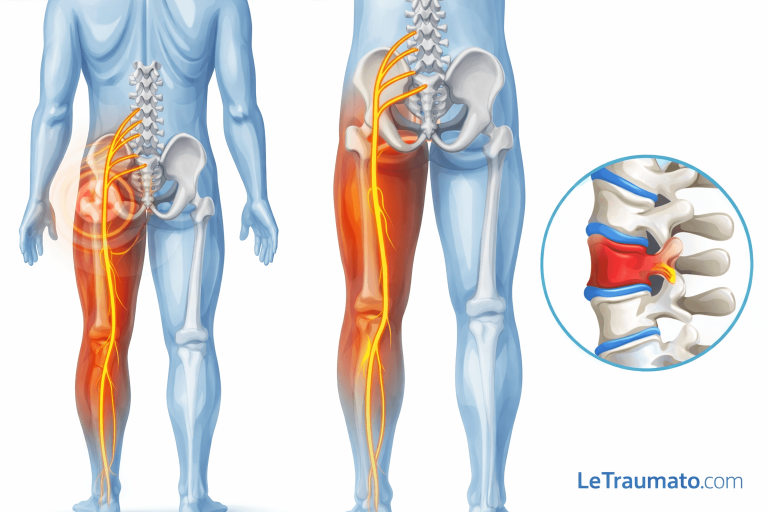 Illustration médicale de la sciatique montrant le trajet du nerf sciatique depuis la colonne lombaire jusqu’à la jambe, avec zones douloureuses en rouge et compression nerveuse par hernie discale lombaire.