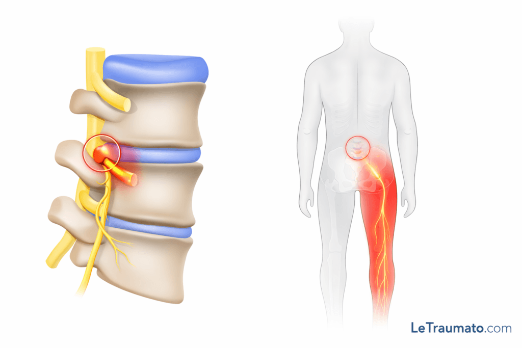 Illustration médicale de la sciatique montrant une hernie discale lombaire comprimant la racine nerveuse et le trajet du nerf sciatique avec irradiation douloureuse dans la jambe, image pédagogique LeTraumato.com