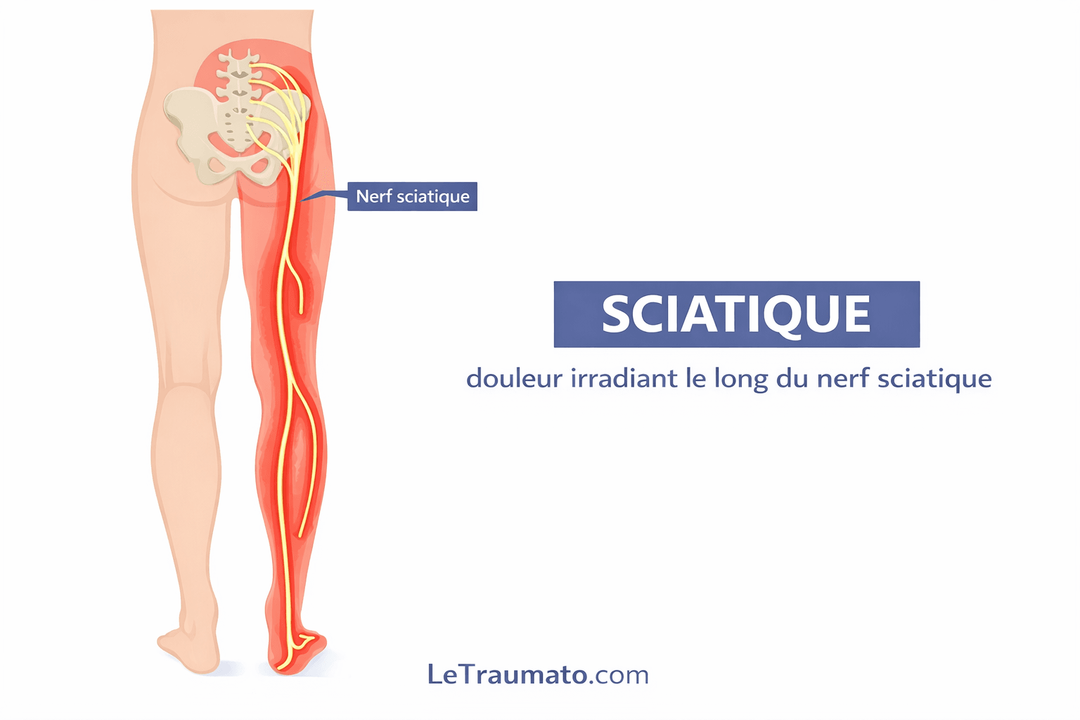 Illustration médicale de la sciatique montrant le trajet anatomique du nerf sciatique depuis la région lombaire et le bassin, traversant la fesse, l’arrière de la cuisse, le mollet jusqu’au pied, avec une zone de douleur irradiée en rouge le long du membre inférieur. Schéma pédagogique clair destiné à expliquer les mécanismes de la sciatique, ses symptômes et la douleur nerveuse. Image informative pour patients et professionnels de santé par LeTraumato.com.
