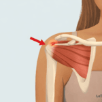 Illustration médicale détaillée de la tendinite de l’épaule montrant l’inflammation du tendon supra épineux sous l’acromion, avec flèche colorée indiquant la zone douloureuse. Image pédagogique destinée à expliquer les douleurs de l’épaule, la tendinopathie de la coiffe des rotateurs et les mécanismes inflammatoires, réalisée pour LeTraumato.com.