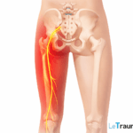 Illustration médicale montrant le trajet du nerf sciatique depuis la colonne lombaire jusqu’à la jambe, avec mise en évidence des zones douloureuses typiques de la sciatique
