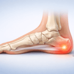 Illustration du pied montrant une épine calcanéenne avec douleur au talon et inflammation du fascia plantaire