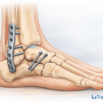 Illustration médicale d’une fracture bimalléolaire de la cheville avec fixation par plaque et vis après opération