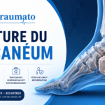Illustration médicale d’une fracture du calcanéum montrant une fissure de l’os du talon avec anatomie du pied et de la cheville.