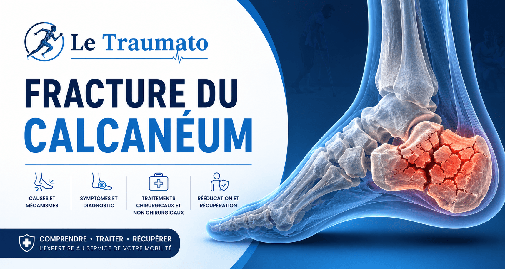 Illustration médicale d’une fracture du calcanéum montrant une fissure de l’os du talon avec anatomie du pied et de la cheville.