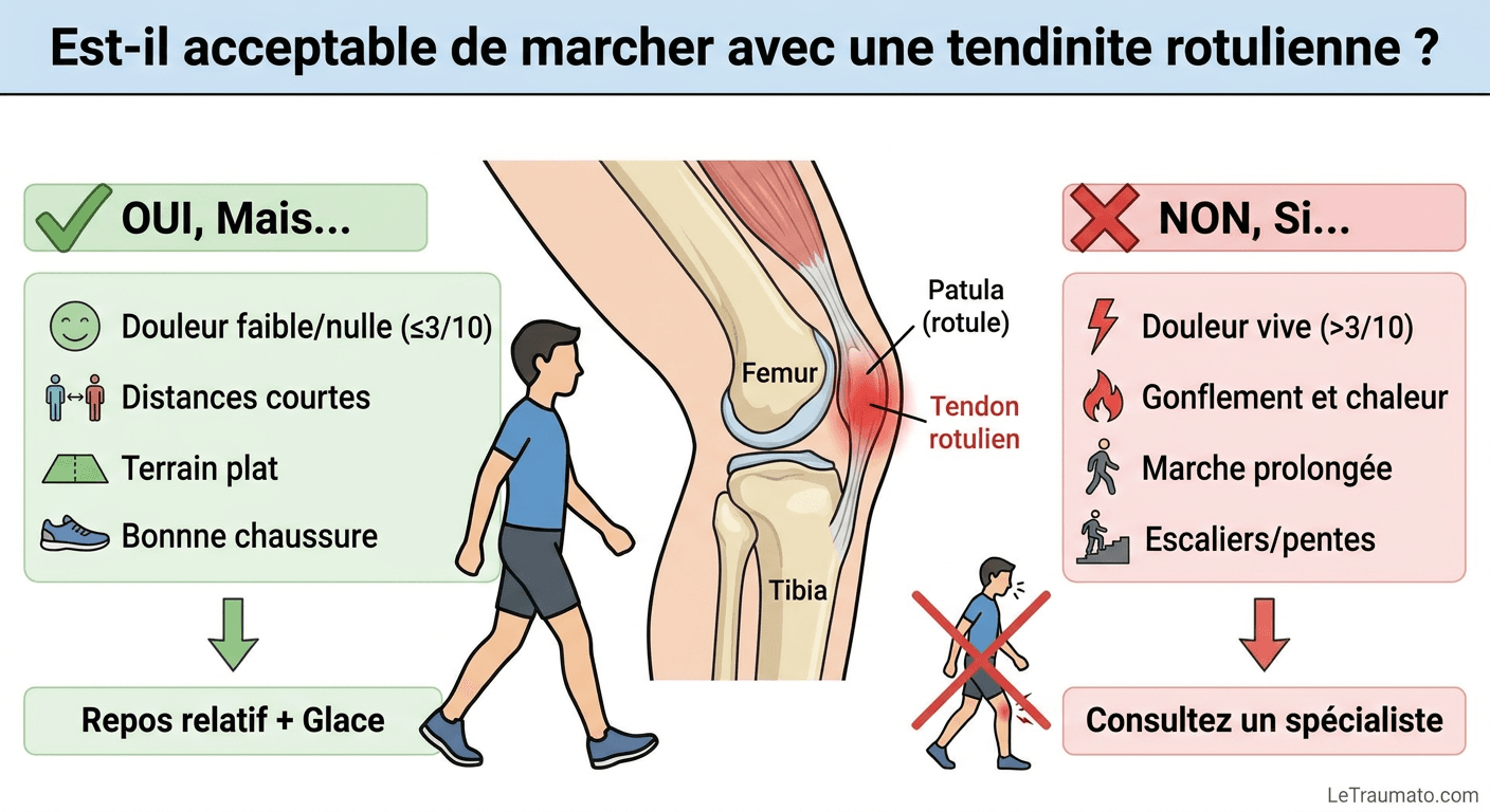 Image explicatif de: Est-il acceptable de marcher avec une tendinite rotulienne ? et Peut-on marcher avec une tendinite du genou ?